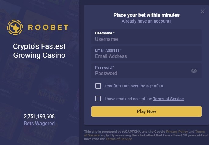 Регистрация Roobet
